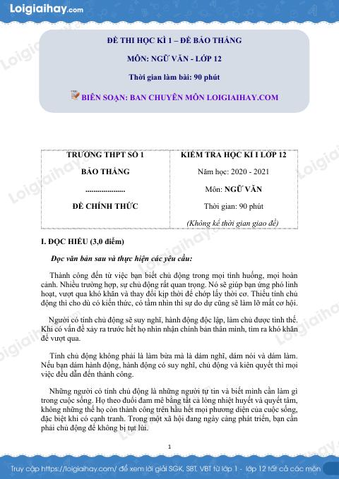 Đề thi học kì 1 môn Ngữ văn lớp 12 trường THPT số 1 Bảo Thắng